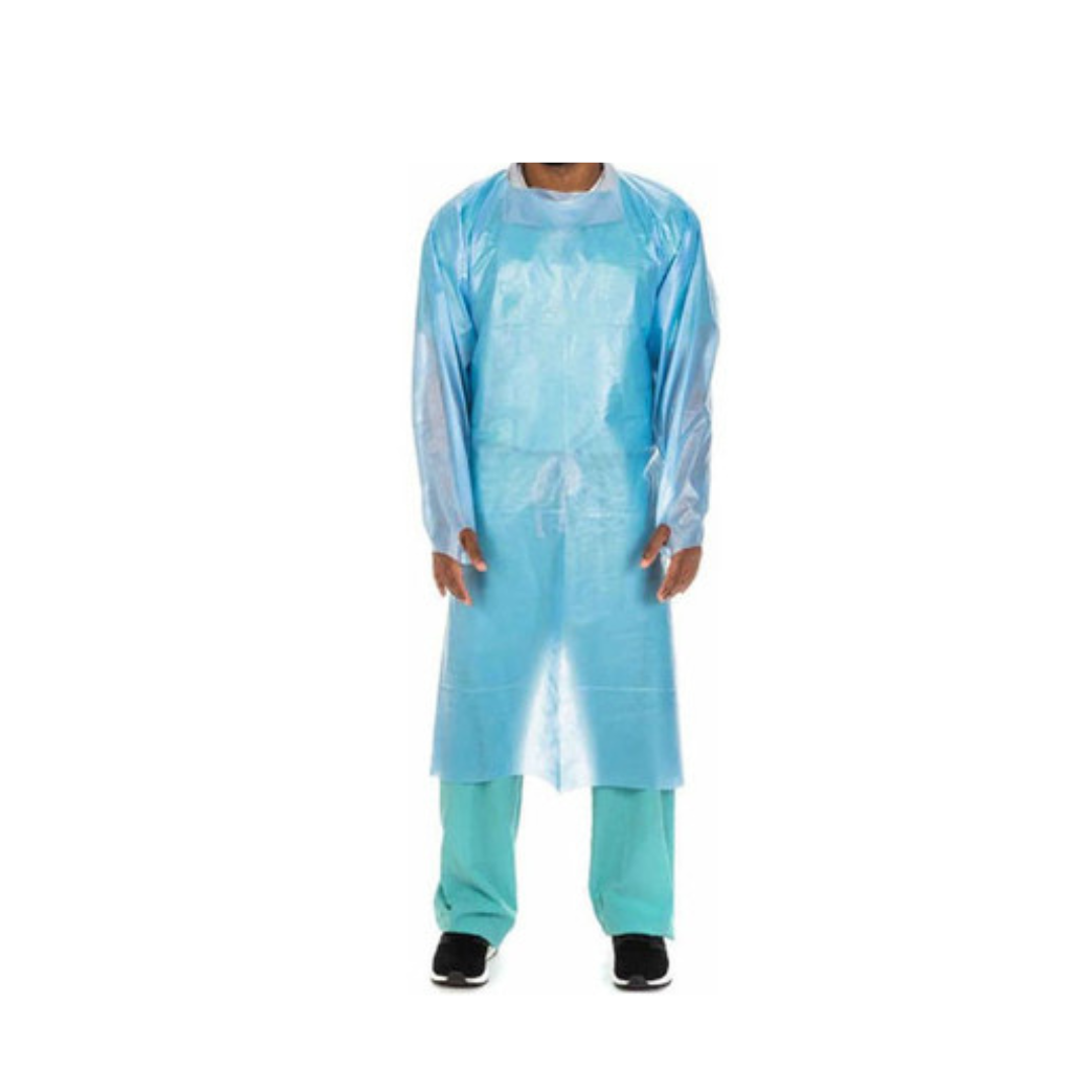 A person wearing the Cardinal Healthcare Impervious Plastic Film Gown - Blue over green scrubs and black shoes, standing against a white background. The disposable gown covers from neck to below the knees.